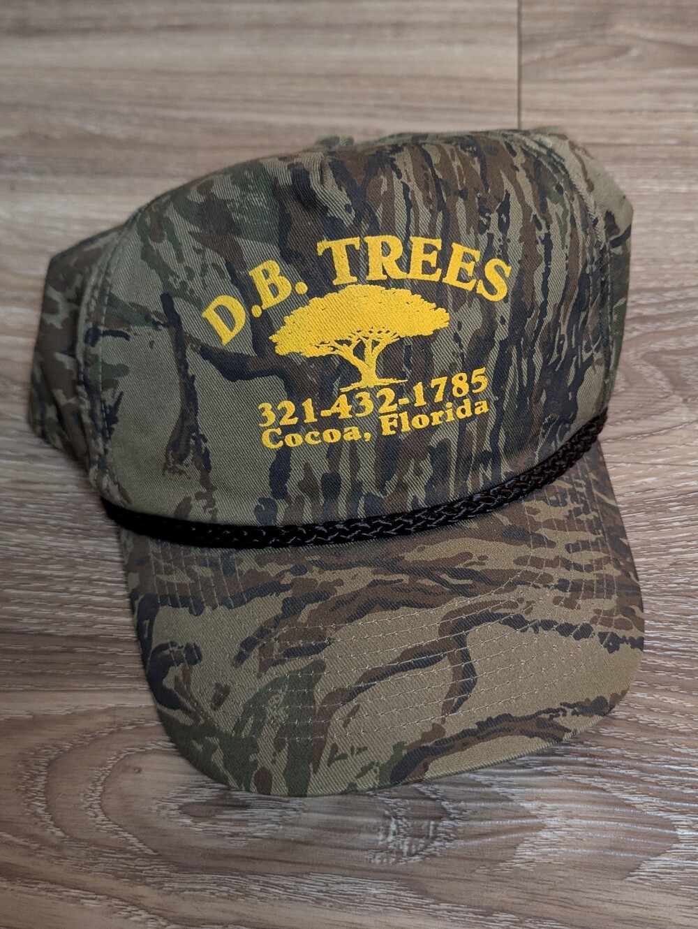 Vintage 90s Camo D.B. Trees Yellow Logo Camo Trucker Mesh Snapback Hat